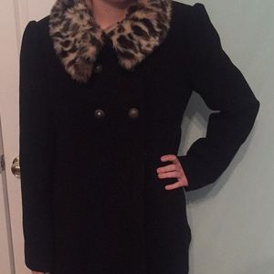 Black pea coat with faux leopard fur collar